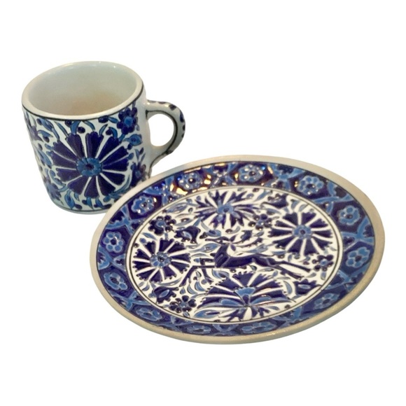 Nassas Rodos Hellas Handmade Greek Pottery Deer Floral Espresso Cup & Saucer - Picture 2 of 10